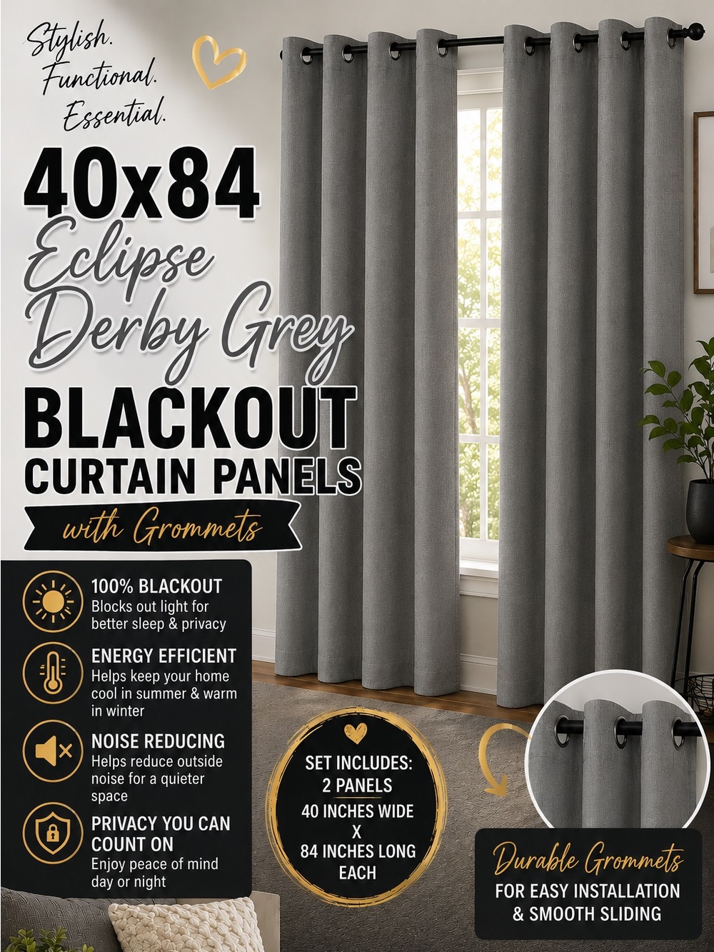 2 40x84 Derby Grey Panels Eclipse Blackout Curtains, Heavy good material